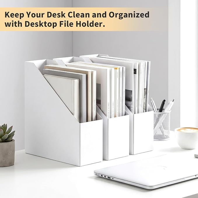 EXYGLO 12 Pack White Magazine File Holder, Cardboard Magazine Rack with Label, Foldable Storage Organizer Box for Book, Documents, 10.2x3.5x10.6 Inches