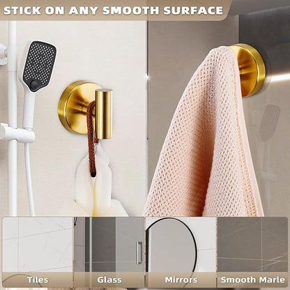 Suction Cup Hooks for Shower - Bathroom Reusable Hooks for Towels, Robes & Loofah - No-Drill Mounting on Kitchen,Walls,Metal,Glass,Mirrors,Tile & Smooth Non-Porous Surfaces (4, Brushed Gold)