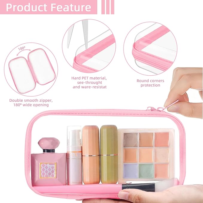 Topfinder Clear Hard Shell Zipper Case,Clear Toy Storage Pouch,Waterproof Transparent Organizer Cosmetic Case for Travel, Office, Home(Pink, M+2*S)