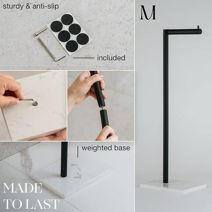 MARMOLUX ACC Free Standing Matte Black Toilet Paper Holder Stand White Marble Base and Storage - 4 Jumbo Roll Bathroom Hardware Toilet Tissue Organizer - Stainless Steel Bathroom Decor Accessory