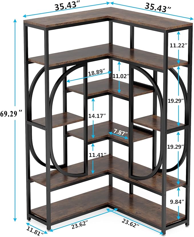 Tribesigns 7-Shelf Corner Bookshelf, Large Modern Corner Bookcase, Tall L-Shaped Corner Shelf Stand Display Rack with Storage, Metal Frame for Living Room Home Office (Rustic Brown)