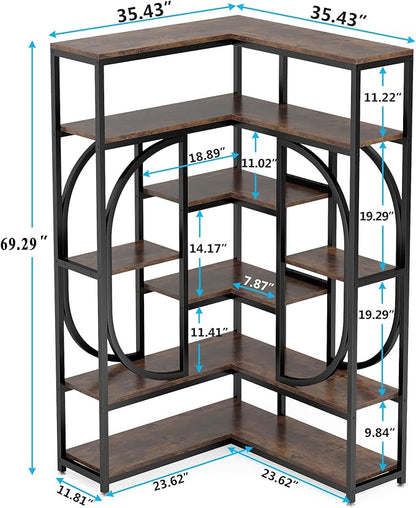 Tribesigns 7-Shelf Corner Bookshelf, Large Modern Corner Bookcase, Tall L-Shaped Corner Shelf Stand Display Rack with Storage, Metal Frame for Living Room Home Office (Rustic Brown)