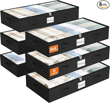 SpaceWhisper 90L Under Bed Storage Containers, 6-Pack Storage Bins with Clear Top, Foldable Closet Organizers and Storage with Label Holder for Clothing, Blankets, Comforter & Pillows(Black)