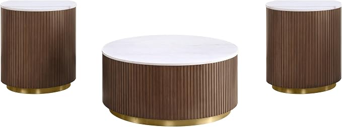 Coaster Home Furnishings - Jason - Wood and Metal - 3-Piece Coffee Table Set with Marble Tops, Reeded Drum Bases, and Gold Ring Accents - Living Room - Honey Brown and White Marble - 712418-S3