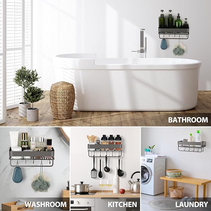 Shower Caddy, 15.7 inch Stainless Steel Shower Shelves for Inside Shower with Hooks & Towel Bar - Space-Saving Bathroom Organizers and Storage for Showers, Kitchens