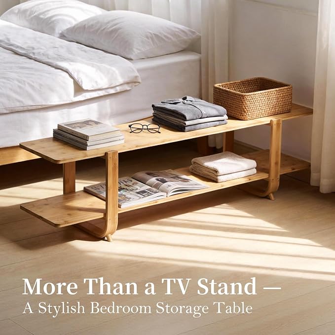 Tiita Bamboo TV Stand for 55 Inch TV, Entertainment Center with 2 Open Shelf, Mid Century Modern Media Console for Living Room, Bedroom, Wood