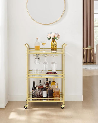 VASAGLE Bar Cart Gold, Small Home Bar Serving Cart with 3-Tier Mirrored Shelf, Wine Holders, Glass Holders, for Small Spaces, Kitchen, 15 x 23.6 x 36.2 Inches, Gold ULRC100A01