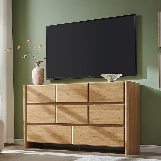 Modern 8 Drawers Dresser for Bedroom, 55" Wide Dresser w/Large Storage & Rounded Corner, Wood Handleless Chests of Drawers w/Natural Texture for Bedroom, Hallway, Living Room-Natural