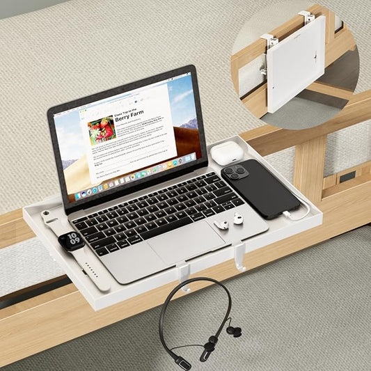 Magheo Foldable Bedside Shelf, Metal Clip-On Bunk Bed Table Shelf for Top Bunk Heavy Duty Bed Side Table Tray for College Dorm Room Essentials, Loft Nightstand Organizer Tray with 3 Cord Hole(White)