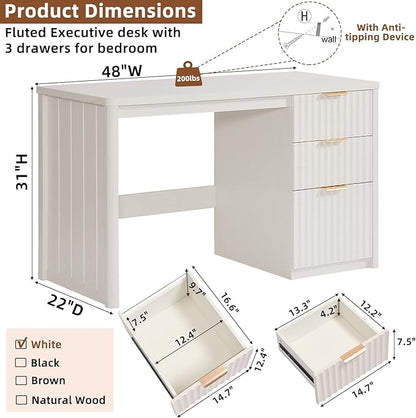 48" Modern Fluted Executive Desk with Storage Cabinet, White Large Home Office Desk with File Drawer & Metal Handles, Wood Computer Writing Table for Office,Study, Bedroom,Living Room
