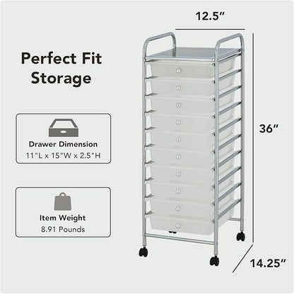 Display By Jack Rolling Storage Cart 10 Drawer Organizer with White Drawers, Slim 36" Chrome Frame, Locking Wheels, and Top Shelf for Office, Classroom, Bathroom, or Craft Storage