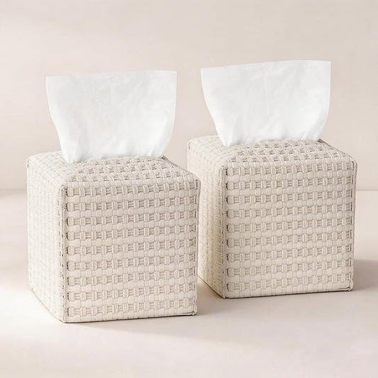 Tissue Box Cover 2-Pack, Square Tissue Holder with Bottom Belt, Modern Tissue Case Facial Paper Organizer Dispenser for Bathroom, Office, Home, Table, Car, Woven Pattern White
