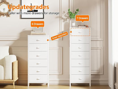 Furnulem White Tall Dresser for Bedroom with 7 Drawers, Vertical Chest of Drawer in Closet, Nightstand Storage Tower Unit Organizer with Fabric Bins for Dorm,Living Room,Entryway,Hallyway