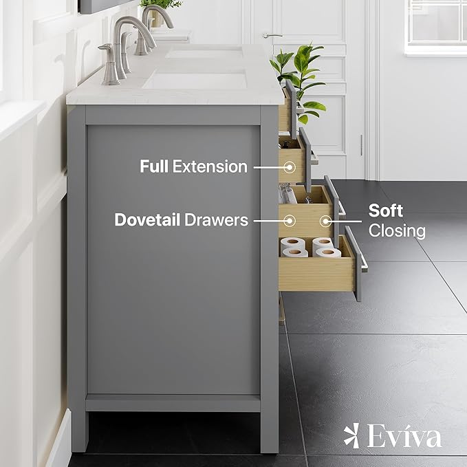Eviva Aberdeen 48 Inch Bath Vanity with Sink- Gray Bathroom Vanity with Carrara Quartz Top