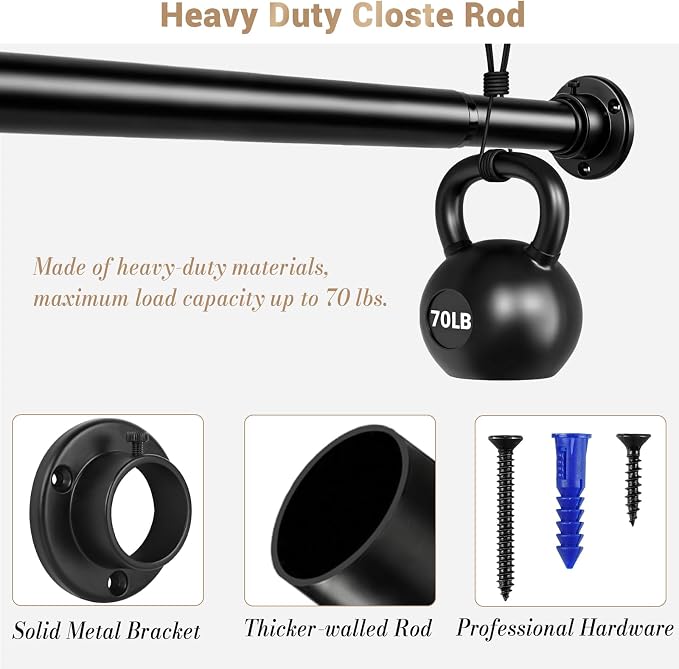 Closet Rod Adjustable 17 to 53 Inch, 1-1/4” Diameter, Closet Rods for Hanging Clothes, Stepless Metal Heavy Duty Hanging Rod for Closet Wardrobes Laundry RV (Black)