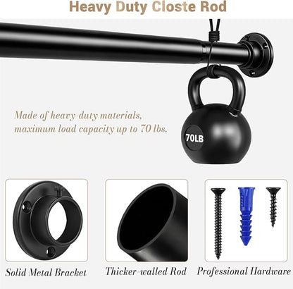 Closet Rod Adjustable 17 to 83 Inch, 1-1/4” Diameter, Closet Rods for Hanging Clothes, Stepless Metal Heavy Duty Hanging Rod for Closet Wardrobes Laundry RV (Black)