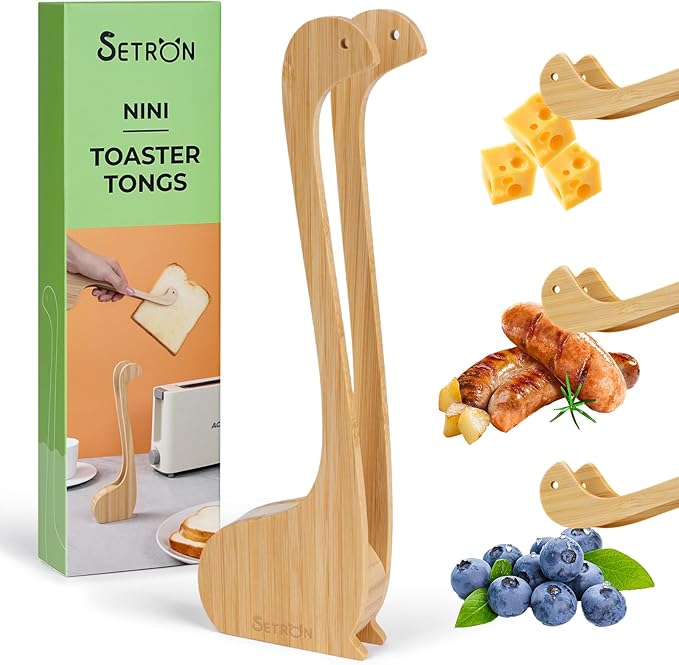 SETRON Bamboo Nessie Toast Tongs – 10” Toaster Tongs for Bread & Bagels, Heat-Resistant Bamboo Kitchen Tongs with Anti-Slip Grip, Cute Loch Ness Monster Design for Cooking & Serving