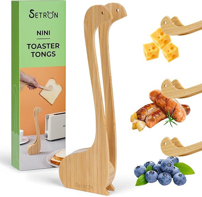 SETRON Bamboo Nessie Toast Tongs – 10” Toaster Tongs for Bread & Bagels, Heat-Resistant Bamboo Kitchen Tongs with Anti-Slip Grip, Cute Loch Ness Monster Design for Cooking & Serving