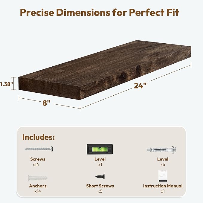 Vivelove Floating Shelves for Wall Solid Elm Wood, 24 Inches Long Rustic Wall Shelf with Invisible Bracket for Living Room Bedroom Bathroom Office Book, Farmhouse Wall Decor, Set of 2 - Dark Walnut