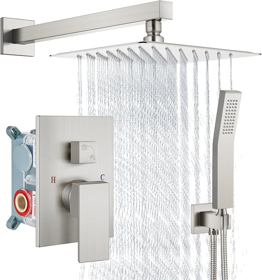Aolemi Shower Faucet Set Rain Shower System with Handheld Spray Bathroom Shower Combo Rough-in Valve and Shower Trim Kit Included Brushed Nickel 8 Inch Wall Mount Shower Head