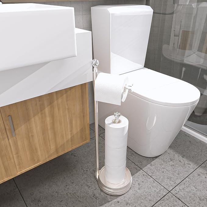 KASUNTO Toilet Paper Holder for Bathroom, Heavy Weighted Metal Free Standing Toilet Paper Holder Stand with Crystal Ball, Toilet Paper Roll Stand for Bathroom Accessories