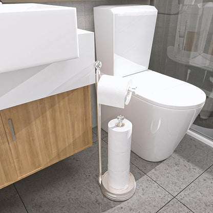 KASUNTO Toilet Paper Holder for Bathroom, Heavy Weighted Metal Free Standing Toilet Paper Holder Stand with Crystal Ball, Toilet Paper Roll Stand for Bathroom Accessories
