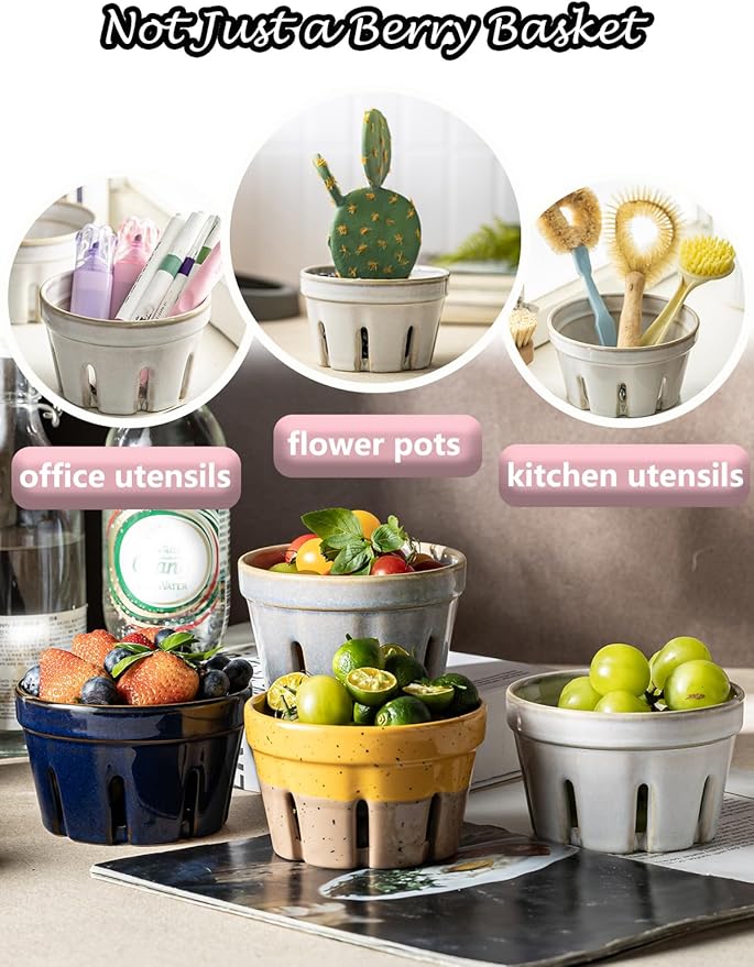 Gomakren Ceramic Fruit Basket Set of 2, Round Fruit Bowl with Holes, Fruit Storage Containers for Fridge, Small Berry Basket for Kitchen Counter, Berries, Strawberry, Grape, Cherry, White