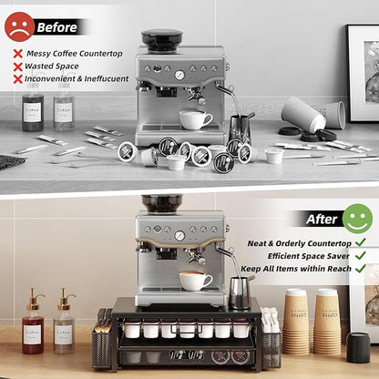 Metal Coffee Pod Holder for 80 Capsules with Storage Drawer & 2 Accessory Holders,2 Tier K Cup Holder Organizer for Countertop,Black