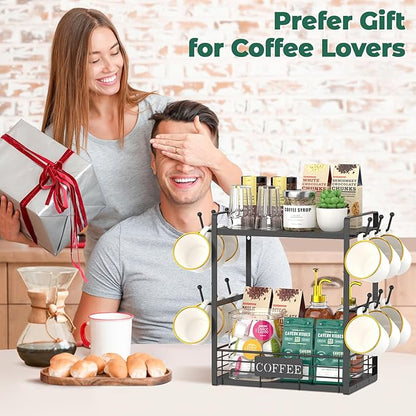 EsLuker.ly Coffee Mug Cup Holder Tree Bar Station Organizer, 2 Tier Mug Stand Rack for Countertop Kitchen, Storage Tower Display Shelf with 12 Hooks, Coffee Nook Enhancer, Black