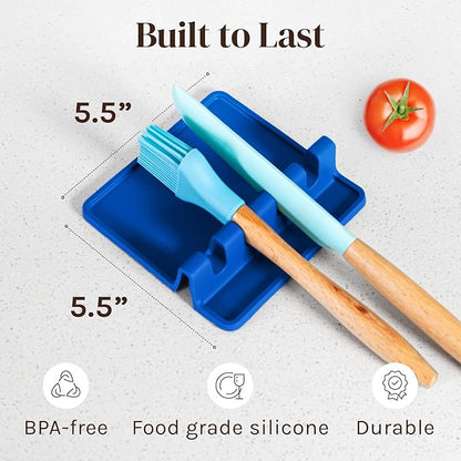 Cooler Kitchen Blue Silicone Spoon Rest for Stove Top with Drip Pad (Two Pack) - Heat Resistant BPA Free Utensil Rest & Spoon Holder for Kitchen Counter - Grill Utensil Holder - Spatula Holder