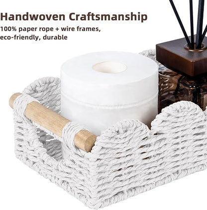 CubesLand Bathroom Basket Organizer w/Cut Out Handle, Back of Toilet Paper Storage Baskets for Bathroom Countertop Decorative, Small Scalloped Wicker Basket Also for Home Decor, Living Room, White