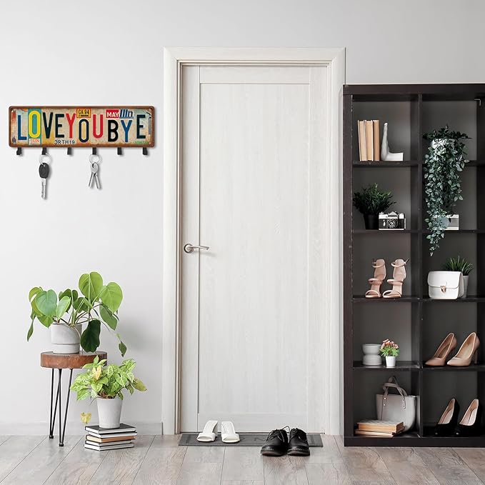 Valentines Key Holder Wall Mount Love You Bye Key Holder Hook Rack Organizer Hanger with 6 Hooks for Wall Express Love Art Sign Decor for Entryway Front Door(Vintage Style,11.8 x 4)
