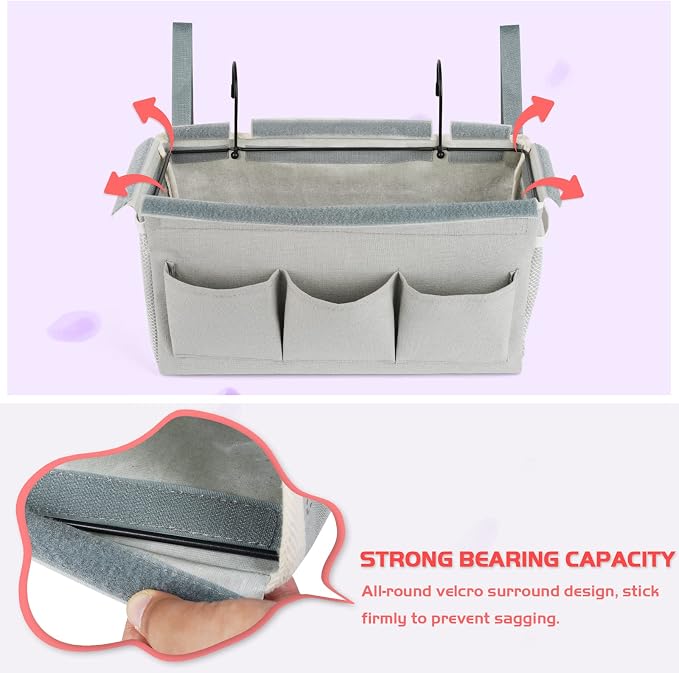 Loghot Bedside Caddy/Bedside Storage Bag Hanging Organizer for Bunk and Hospital Beds,Dorm Rooms Bed Rails,Can be Placed Glasses,Books,Mobile Phones,Keys (New Grey)