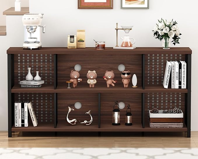 LVB Wood Horizontal Bookshelf, Industrial Long Bookcase Cube Shelf Organizer, Large Wide Low Wooden Metal Cube Book Shelf, Under Window Bookshelves for Office Bedroom Living Room, Walnut, 63 Inch