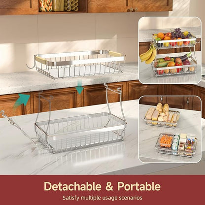Sevenblue 2 Tier Large Fruit Basket for Kitchen Counter with 2 Mobile Banana Hangers, 2026 Pro Detachable Metal Fruit Bowl with Wooden Handle (Silver, 2 Tier)