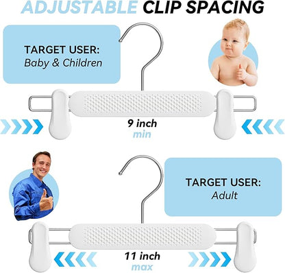 Baby Kids Pants Hangers with Clips 30 Pack, Frosted Embossing Adjustable Heavy Duty Skirt Hangers for Women Toddler, Children, Space Saving Non-Slip with 360° Swivel Hook (White)