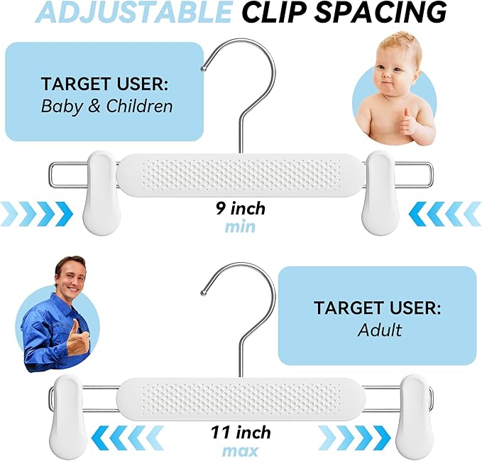 Plastic Skirt Pant Hangers with Clips for Women, Kids, Baby, Children, Toddler, Frosted Embossing Shorts Hanger Space-Saving with 360° Swivel Hook (15pcs White)