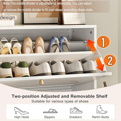 Shoe Storage Cabinet for Entryway with 2 Flip Drawers, Narrow Wood Shoe Cabinet with Fluted Panel, Freestanding Hidden Shoe Organizer for Foyer, Hallway (White - with Shelf)