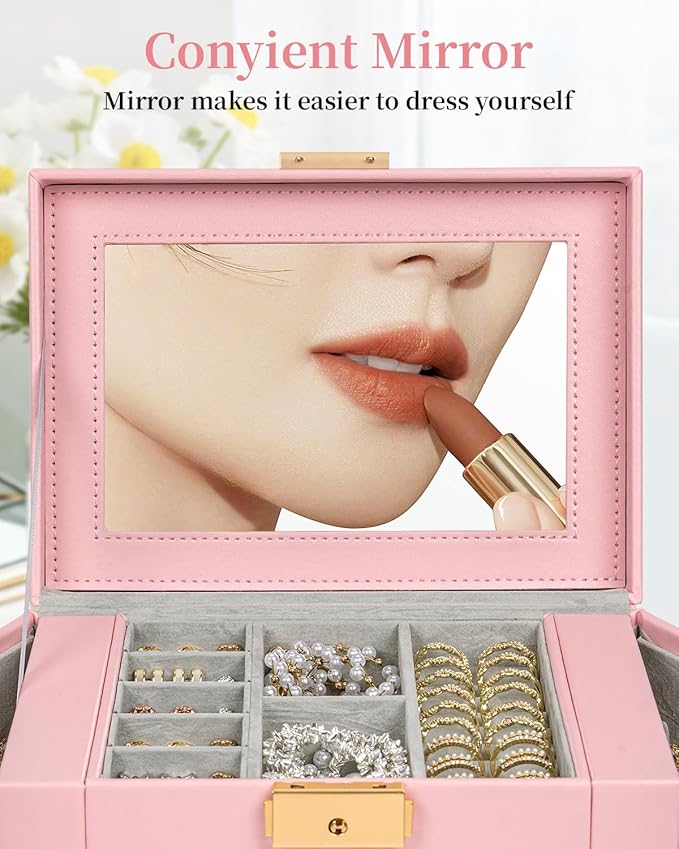 TORIBIO Jewelry Box for Women, Leather Jewelry Organizer with Mirror & Lock, 3-Tier Jewelry Storage Organizer with 2 Drawers for Girls/Women/Mothers, Necklace Earring Bracelets Holder Organizer