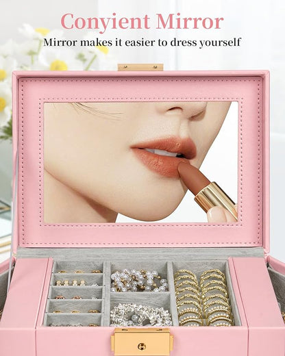 TORIBIO Jewelry Box for Women, Leather Jewelry Organizer with Mirror & Lock, 5-Tier Jewelry Storage Organizer with 4 Drawers for Girls/Women/Mothers, Necklace Earring Bracelets Holder Organizer