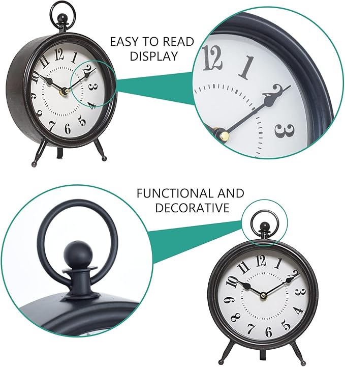 MACVAD Vintage Black Table Clock on Stand, Decorative Desk and Shelf Clock, Rustic Mantel Clock Farmhouse Clock Non-Ticking