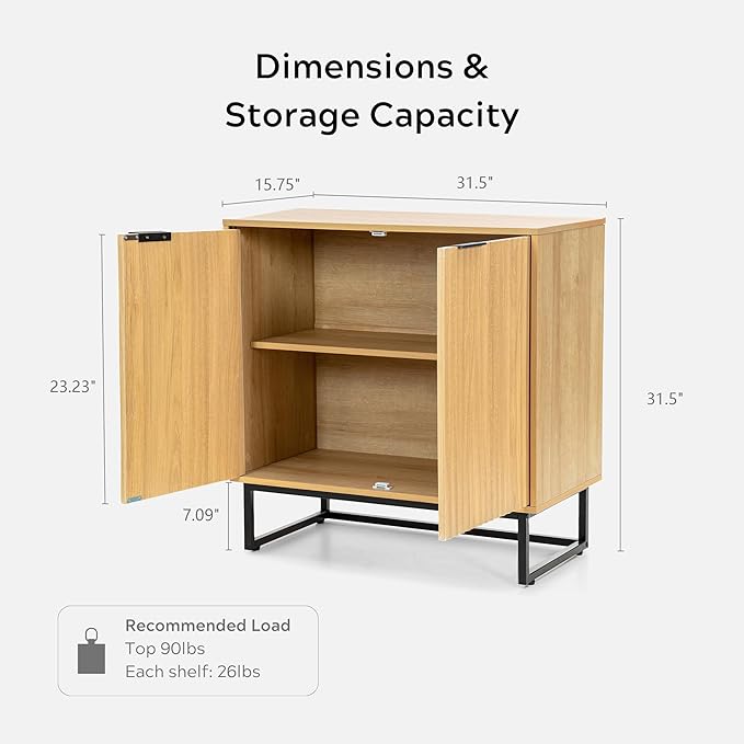 Fluted Storage Cabinets Set of 2, Sideboard Buffet Cabinet Modern Accent Cabinets with Adjustable Shelves, Credenza, Console Table Entryway Cabinet for Living Room, Natural Oak
