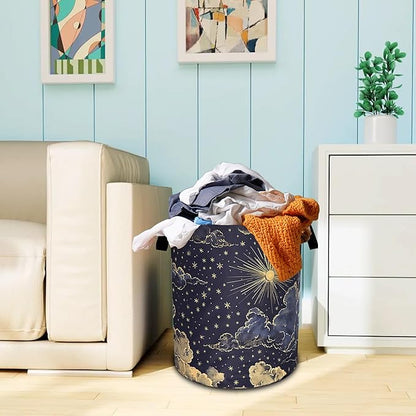 Beautiful Sun Stars Moon Laundry Basket Oxford Cloth Clouds Laundry Hamper With Handle Foldable Portable Clothes Storage Basket 18.9 X 16.5 In Storage Bag For Laundry Room/Bathroom/Bedroom/Dormitories