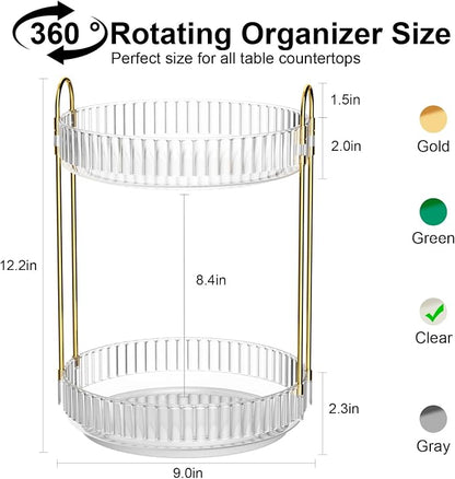 GTI 360°Rotating Makeup Organizer, 2 Tier Bathroom Counter Organizer,Large Capacity Perfume Cosmetics Skincare Vanity Organizers, Dresser Spinning Countertop Organizer and Storage for Women (Clear)
