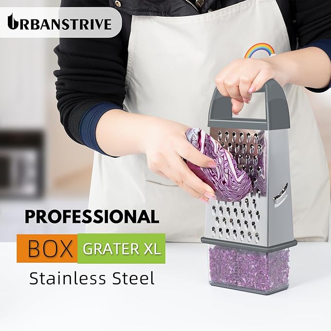 Urbanstrive Cheese Grater With Container, Professional Cheese Grater with Handle, Stainless Steel Graters for Kitchen Handheld, Box Grater with 4 Sides for Vegetables, Ginger, Potatoes (Grey)