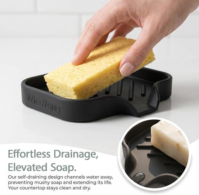 MicoYang Silicone Soap Dish with Drain Spout, Self-Draining Sink Organizer Tray for Bathroom and Kitchen, Sponges, Dispensers and Soap Holder, Non-Slip and Dishwasher Safe, Black (Compact, 4.9"×3.2")