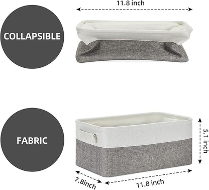HNZIGE Small Organizer Bins for Shelf,Small Fabric Collapsible Baskets for Organizing Nursery Linen Canvas,Set of 6 Decorative Storage Basket for Storage Closet Toy(White&Gray, 11.8" x 7.8" x 5.1")