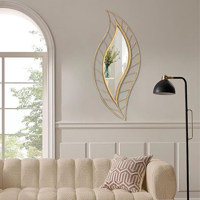 ironsmithn Leaf Teardrop Mirror, Gold Decorative Wall Mirror with Metal Frame, 45" x 18.5" Wall Mounted Mirrors for Bathroom Vanity Living Room Bedroom Fireplace