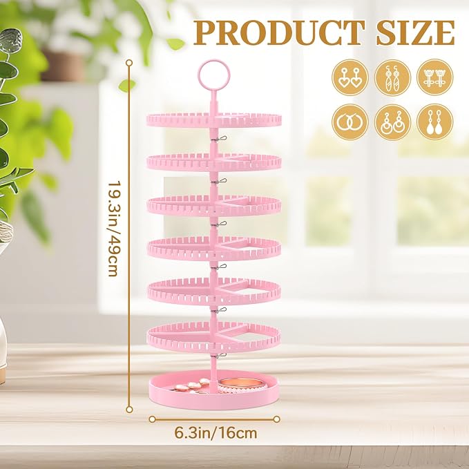 MODOWEY 6 Tier Rotating Earring Holder Organizer Display Tree with Metal Tray, Adjustable Plastic Stand with 342 Slots for Stud Hoop Hanger, Large Capacity Storage Rack for Women, Pink