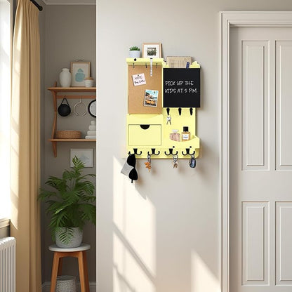Key Holder Wall Mount， Mail Organizer Key Holder for Wall with Shelf, Drawer, Chalkboard, Corkboard, Home Decor Wall Mounted for Room Entryway (Ivory Yellow)
